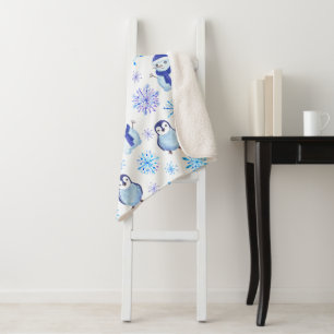 Christmas Snowflakes, Snowmen and Penguins Sherpa Blanket