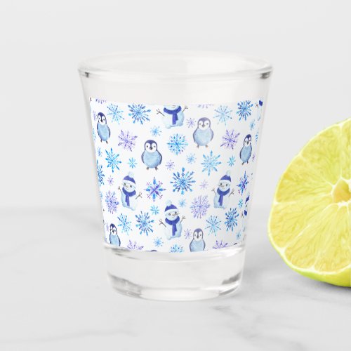 Christmas Snowflakes Snowmen and Penguins Shot Glass