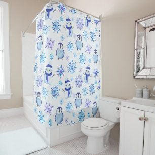 Christmas Snowflakes, Snowmen and Penguins Shower Curtain