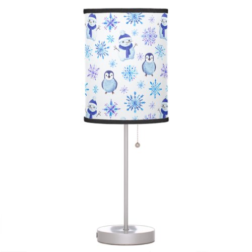 Christmas Snowflakes Snowmen and Penguins Table Lamp