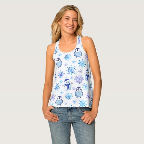 Christmas Snowflakes Snowmen and Penguins Tank Top