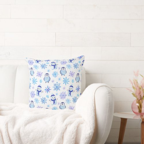 Christmas Snowflakes Snowmen and Penguins Throw Pillow