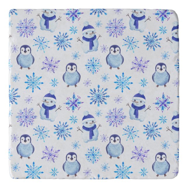 Christmas Snowflakes, Snowmen and Penguins Trivet (Front)