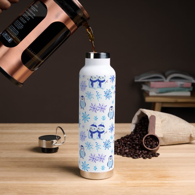 Christmas Snowflakes, Snowmen and Penguins Water Bottle (Coffee)