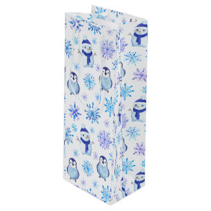 Christmas Snowflakes, Snowmen and Penguins Wine Gift Bag