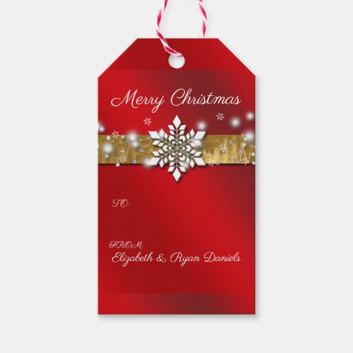 Christmas Snowflakes Sparkle Red Satin Gift Tags