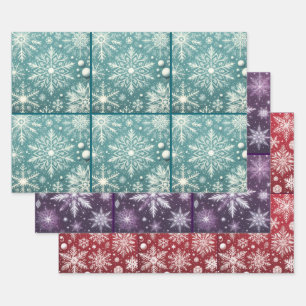 Christmas Snowflakes Teal Red Purple Decoupage Wrapping Paper Sheets