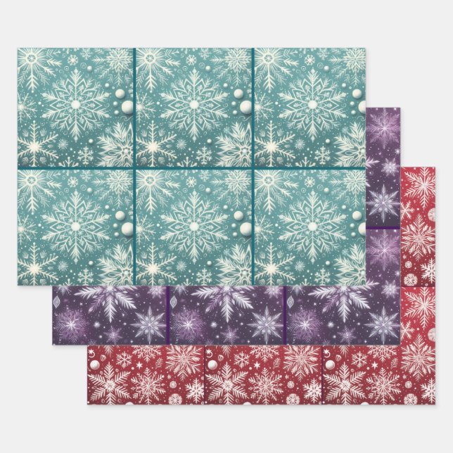 Christmas Snowflakes Teal Red Purple Decoupage Wrapping Paper Sheets (Set)