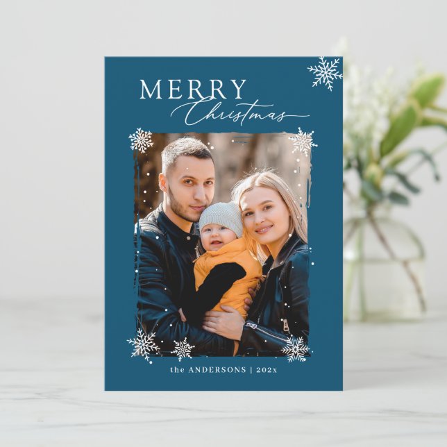 Christmas Snowflakes Winter Stylish Family Photo Holiday Card (Standing Front)
