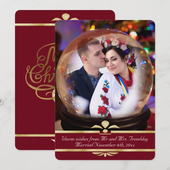 Christmas Snowglobe Photo Wedding Announcement Red (Front/Back)