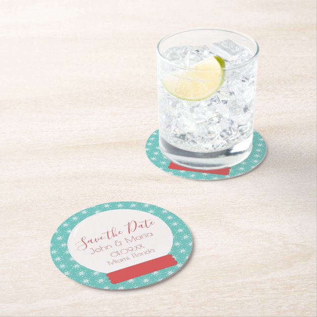 Christmas Snowglobe Snowflakes Save the Date Round Round Paper Coaster (Insitu)