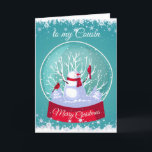 Christmas Snowglobe Snowman Cardinal Bird Cousin Holiday Card<br><div class="desc">Christmas Snowglobe Snowman with Cardinal Red birds in the snow and frosty snowflakes for your Cousin</div>
