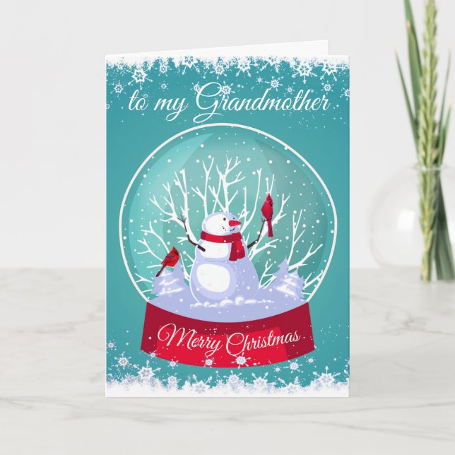 Christmas Snowglobe Snowman Cardinal Grandmother Holiday Card (Front)