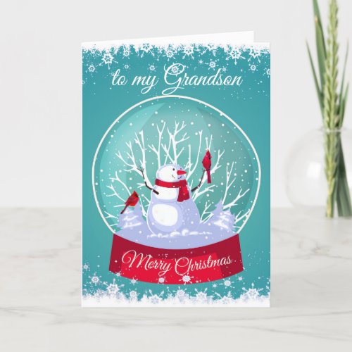 Christmas Snowglobe Snowman Cardinal Grandson Holiday Card