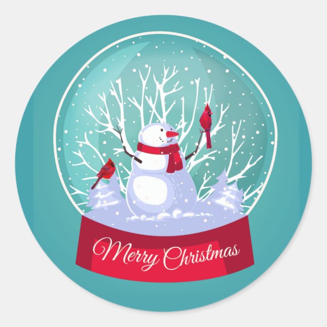 Christmas Snowglobe Snowman Cardinal Red birds Classic Round Sticker (Front)