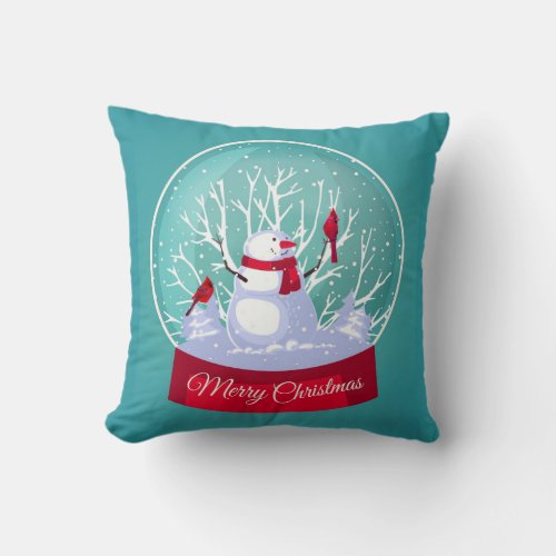 Christmas Snowglobe Snowman Cardinal Red birds Throw Pillow