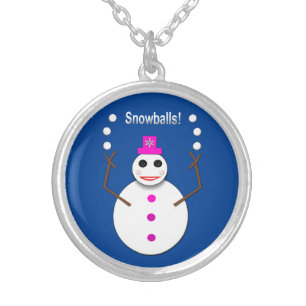 Christmas Snowlady Juggling Snowballs Funny Silver Plated Necklace