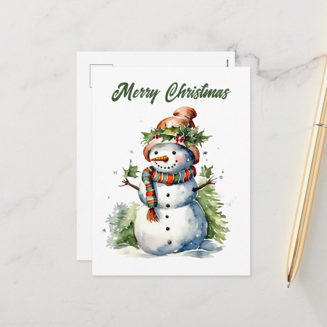 Christmas snowman add text watercolor Holiday Postcard (Front/Back In Situ)