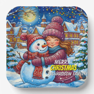 Christmas Snowman And A Girl Paper Plates