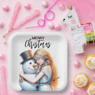 Christmas Snowman And A Girl Paper Plates