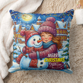 Christmas Snowman And A Girl Throw Pillow
