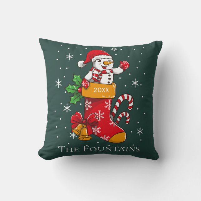 Christmas Snowman and Candy Cane Personalized Throw Pillow (Front)