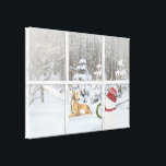 Christmas snowman and deer in windowpane canvas print<br><div class="desc">snowman with Christmas wreath for deer in winter woods with snowflakes in windowpane</div>