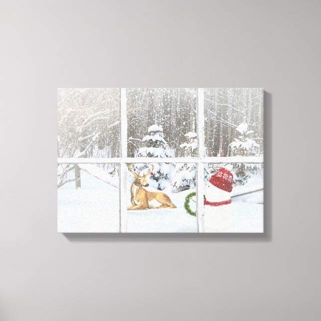 Christmas snowman and deer in windowpane canvas print (Front)