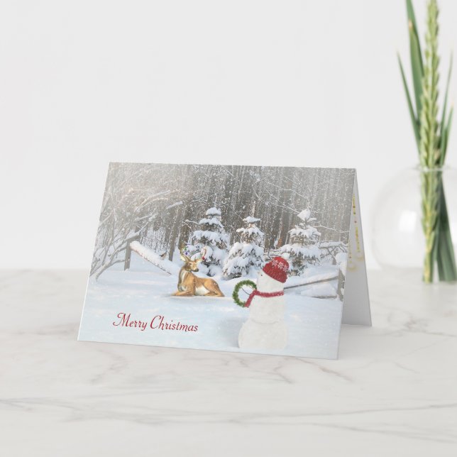 Christmas snowman and deer in winter woods holiday card (Front)