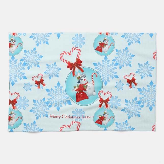 Christmas Snowman and Gentle Snowflakes Kitchen Towel (Horizontal)