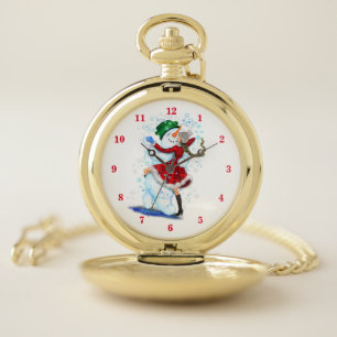 Christmas Snowman and Girl Dancers Pocket Watch