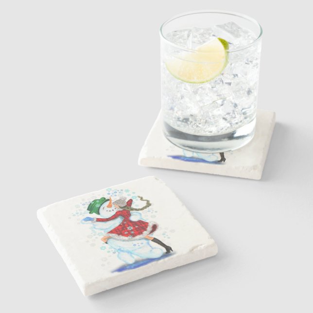Christmas Snowman and Girl Dancers Stone Coaster (Side)