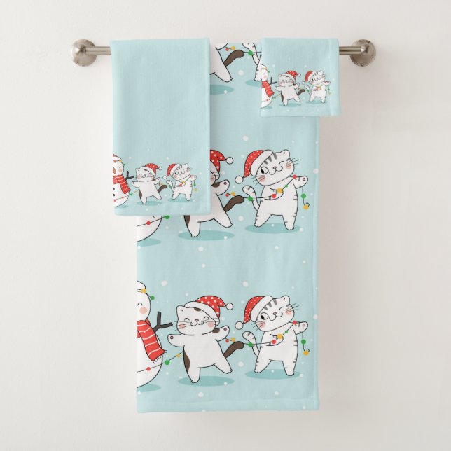 Christmas Snowman and Kittens  Bath Towel Set (Insitu)