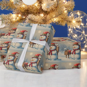 Christmas Snowman and Mailbox Illustration  Wrapping Paper