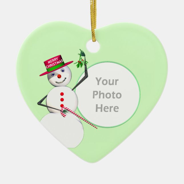 Christmas Snowman and Mistletoe (photo frame) Ceramic Ornament (Front)