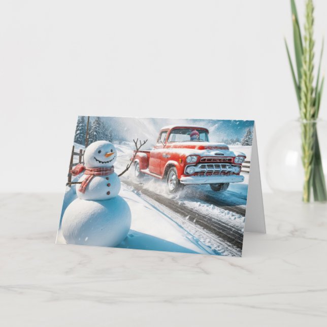 Christmas Snowman and Red Retro Truck Holiday Card (Front)