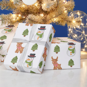 Christmas Snowman and Reindeer White Wrapping Paper