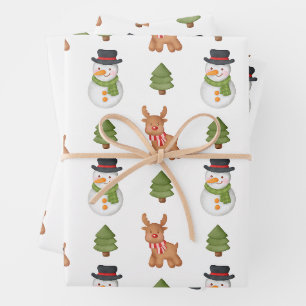 Christmas Snowman and Reindeer White Wrapping Paper Sheets
