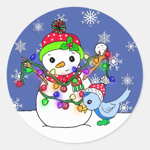 Christmas Snowman and Snow Blue Bird Classic Round Sticker