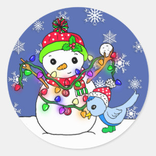 Christmas Snowman and Snow Blue Bird Classic Round Sticker