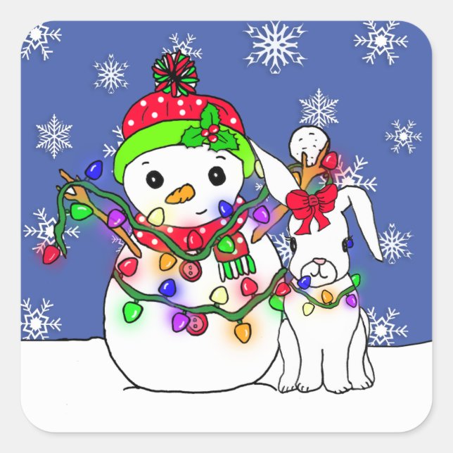 Christmas Snowman and Snow Bunny Square Sticker (Front)
