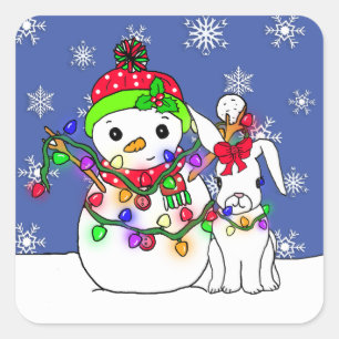 Christmas Snowman and Snow Bunny Square Sticker