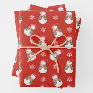 Christmas Snowman and Snowflakes Red  Wrapping Paper Sheets