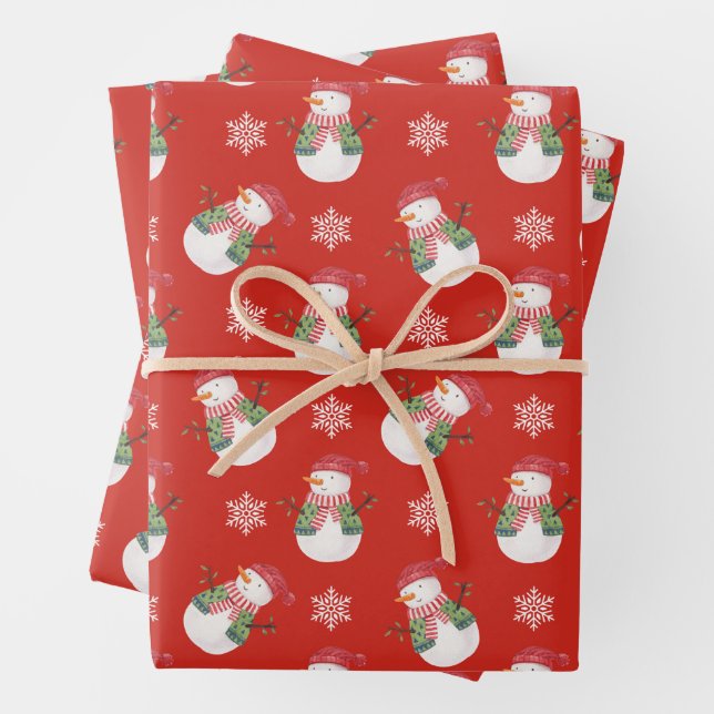 Christmas Snowman and Snowflakes Red  Wrapping Paper Sheets (In situ)