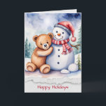 Christmas Snowman and Teddy Bear Card<br><div class="desc">Watercolor teddy bear hugging a snowman in winter forest with torn edge paper border for Christmas.
All text can be edited.</div>