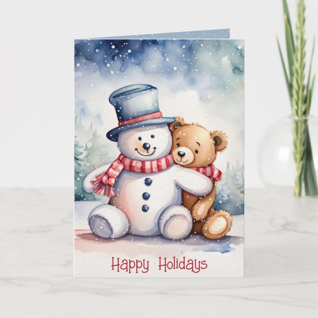 Christmas Snowman And Teddy Bear Holiday Card (Front)