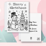 Christmas Snowman and Tree | Color Me  Holiday Card<br><div class="desc">Personalized Coloring Christmas card with a cute snowman and Christmas tree on a wintery snowy day. On the back you can personalize your holiday message and add your family's names. Send these unique Christmas cards this year!</div>