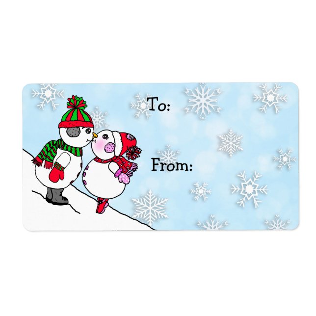 Christmas Snowman and woman Kiss To and From Label (Front)