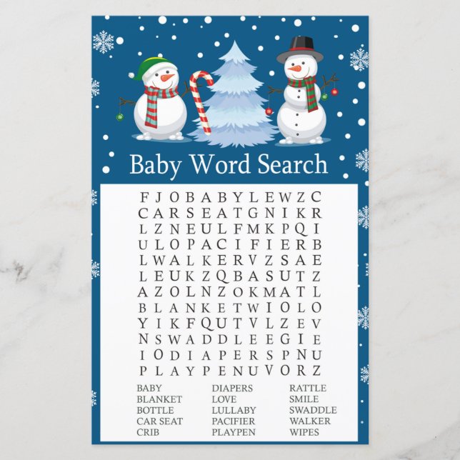 Christmas Snowman Baby Shower Word Search Game (Front)