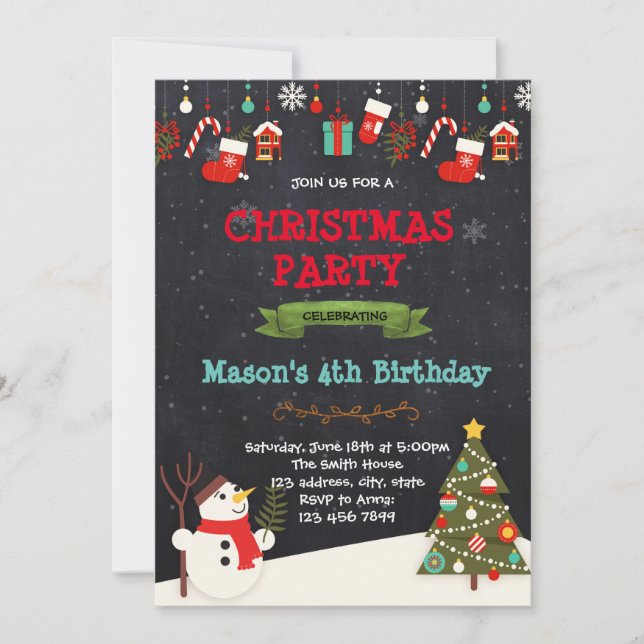 Christmas snowman birthday party invitation (Front)